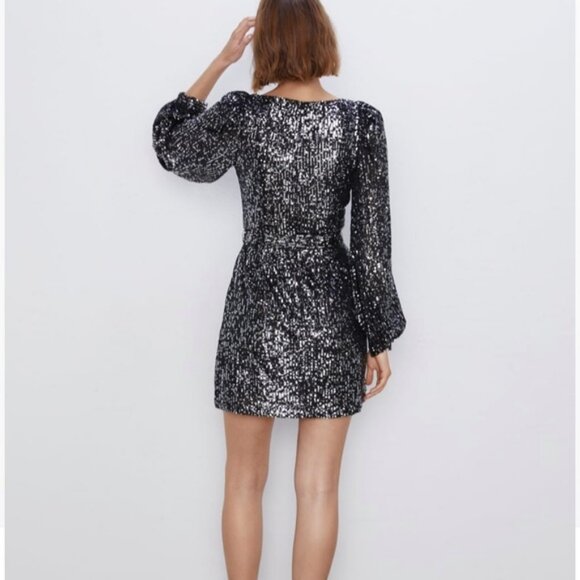 Zara Long Sleeved Sequin Mini Dress Black Charcoal - Picture 2 of 4